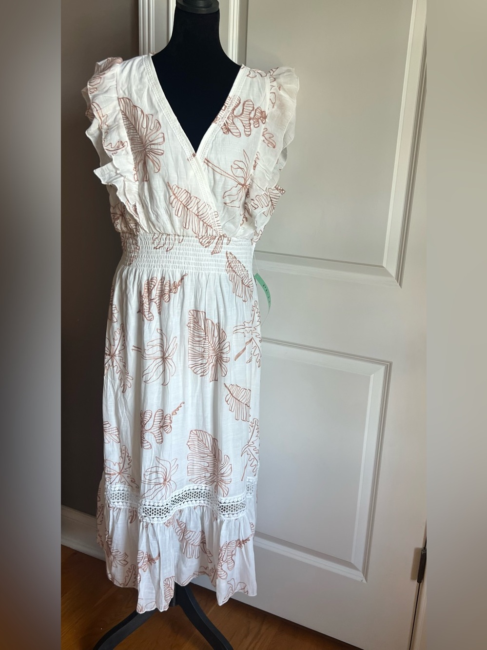 White Midi Dress with Tan Leaf Print and Smocked Waist
